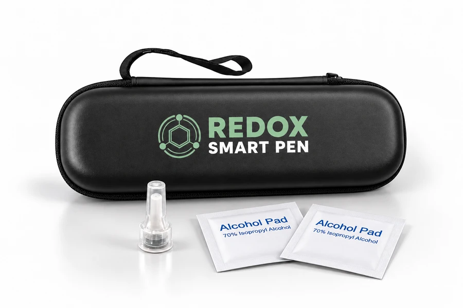 Compact black Redox travel case with mint-and-white logo, black strap, a capped needle tip and alcohol swabs on white